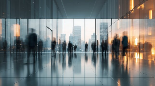 Blurred silhouettes of business people walking in modern office building against cityscape view. Concept for corporate workspace, global business expansion and professional networking