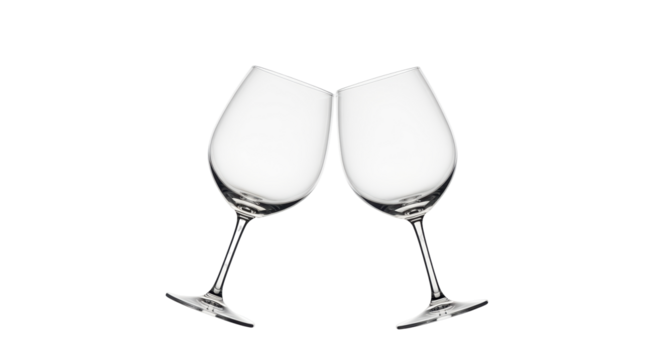 Isolated pair of empty wine glasses angled together for toast, clink, celebration