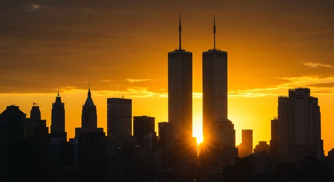 Silhouetted Skyscrapers at Dusk: New York Tribute to Patriot Day 2001