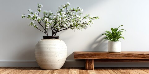 White blossoms in vase, plant on bench, light room