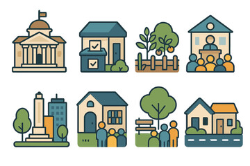 Community linear icon set. featuring government, house, meeting, garden, monument, and neighborhood symbols