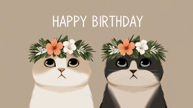 Cute Birthday Card with Two Adorable Cats Wearing Flower Crowns for Cat Lovers