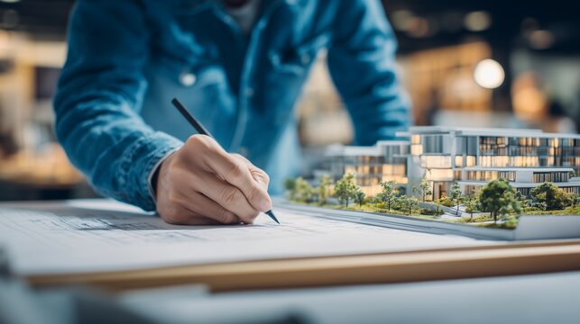 Architect drawing on blueprints next to building model under construction, concept for urban planning, property development and architectural visualization