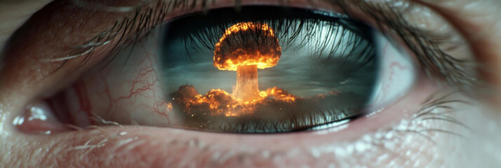 Human eye reflecting massive nuclear explosion, apocalyptic theme, background