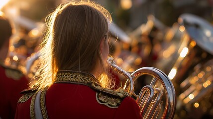A young female musician playing a horn in an orchestra, adorned in a red uniform with golden embroidery details, concept for musical performance, ceremonial occasion and cultural event