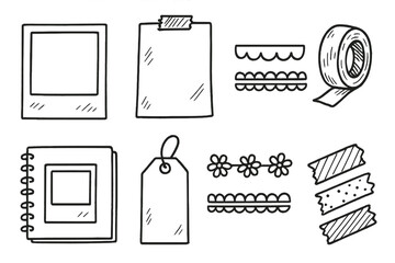 Stationery linear icon set. featuring clipboard, notebook, tag, polaroid, tape, and borders