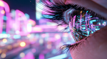 Closeup human eye reflecting night neon lights cityscape