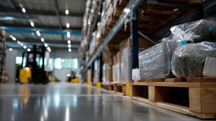 A spacious and organized warehouse showcasing stacks of pallets filled with goods, alongside a forklift ready to transport and manage inventory effectively.