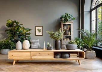 Modern, minimalist living room with natural elements