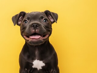 Happy puppy against bright yellow background