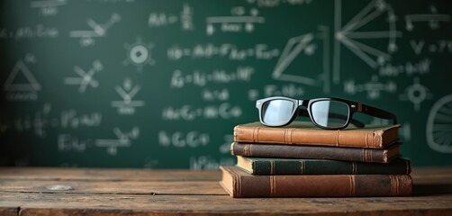 Stack of vintage textbooks with eyeglasses rests on rustic wooden desk. Green chalkboard behind covered with mathematical equations, algebra, geometry formulas. Retro academic scene for education,