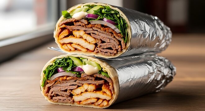 Delicious gyro doner kebab in lavash wrap on a wooden surface