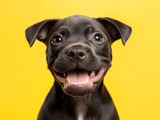 Happy puppy portrait against yellow