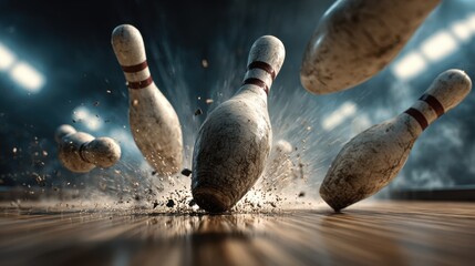 Strike of Triumph: Capturing the intense energy of a bowling strike, with pins flying and the floor exploding, this photorealistic image embodies the thrill of competition and athleticism.