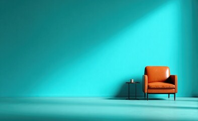 Teal room with tan armchair and side table. Sunlight streams in