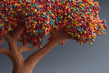 Colorful candy-covered tree with brown trunk on gray background, fantasy concept image.