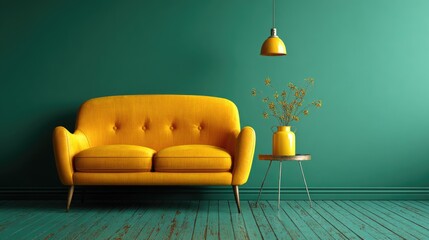 Teal-walled room with vibrant yellow couch