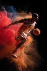 Basketball player jumping through colorful powder explosion holding ball on dark background dynamic energetic action