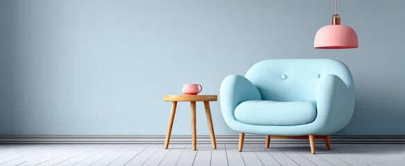 Light blue armchair and small wooden table in a pastel room with a pink pendant light