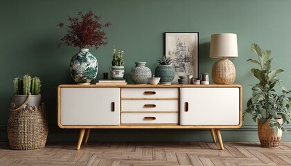 Green-walled room, mid-century modern sideboard