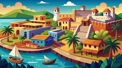 Fototapeta premium Coro and its Port in Venezuela exhibit earthen colonial buildings, sandy streets, and coastal fortifications, reflecting early Spanish colonial urbanism and architectural traditions in the Caribbean b
