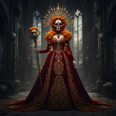 Skull-faced woman dressed in ornate red gown with floral accents  