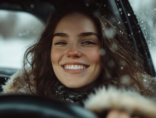 Happy woman driving in winter snow