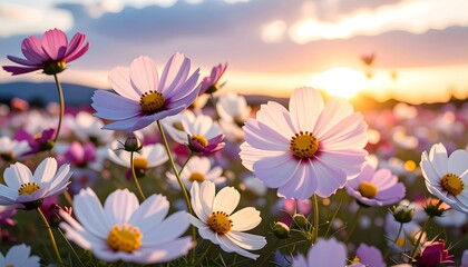 Obraz premium Cosmos flowers at sunset