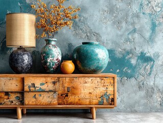 Rustic, stylish cabinet with decorative pottery and lamp