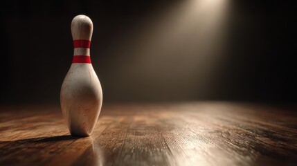Bowling Pin in Spotlight: A solitary bowling pin, elegantly positioned, illuminated by a spotlight on a richly textured lane, captures the essence of focus and anticipation. 