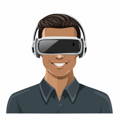 Man wearing virtual reality headset and smiling, showcasing immersive technology for gaming and entertainment