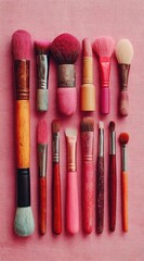 Pink makeup brushes and lipstick arranged vertically