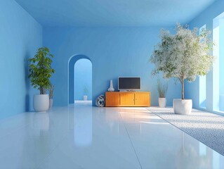 Light-filled, blue room with plants and furniture