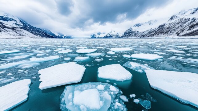Panoramic view of ice floes floating on turquoise water with snowy mountains in the background, creating a breathtaking arctic landscape