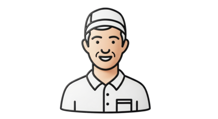 Isolated man illustration, wearing white uniform shirt and white hat, looking cheerful