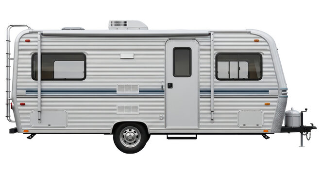 Fototapeta Isolated compact camping trailer, caravan, camper, recreational vehicle, travel transportation