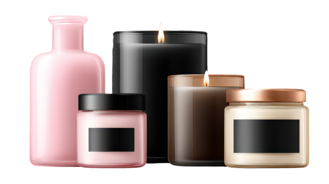 Assortment of Scented Candles and Pink Bottle on Transparent Background
