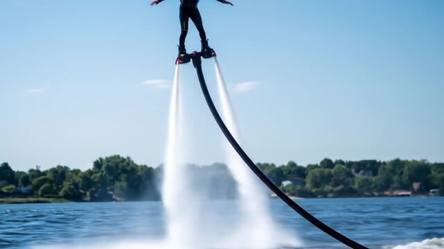 Spectacular Jetpack Rider Soaring High Over a Sparkling Blue Lake in the Sun