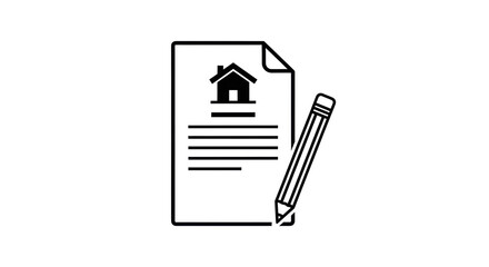 Isolated property agreement document with house icon, contract, and pencil for signing