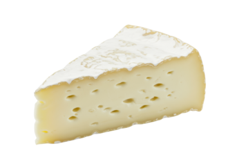 A pristine triangular wedge of soft-ripened white mold cheese with a velvety rind and creamy yellow interior, against a transparent background with copy space, showcasing gourmet quality. Concept for