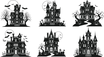 Set of six spooky haunted houses with bats, bare trees, pumpkins, gravestones, moon, creepy Halloween theme vector silhouette illustrations