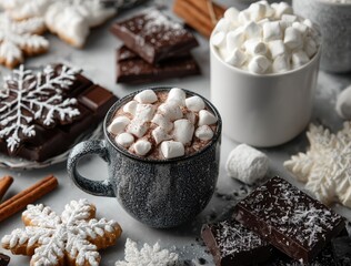 Festive hot chocolate scene with cookies, chocolate, and marshmallows