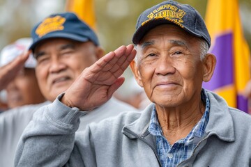 Filipino war veterans saluting the flag during a ceremony