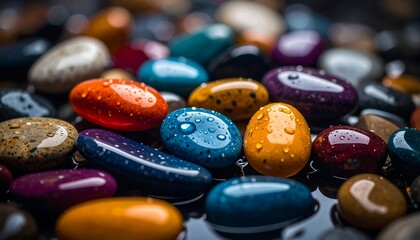 Colorful pebbles with water droplets