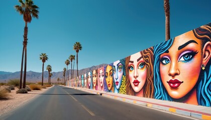 Vibrant desert mural art features colorful faces of women lined up on a wall. Palm trees and mountains form the backdrop of this urban street scene. Modern, contemporary graffiti artwork.