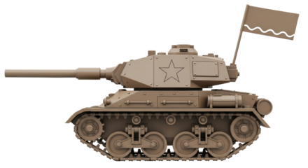 Isolated World War II E44 tank, with flag, a vintage military vehicle with treads and gun