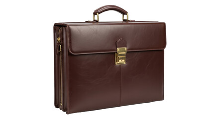Isolated brown leather briefcase with golden closure, modern elegant accessory for business