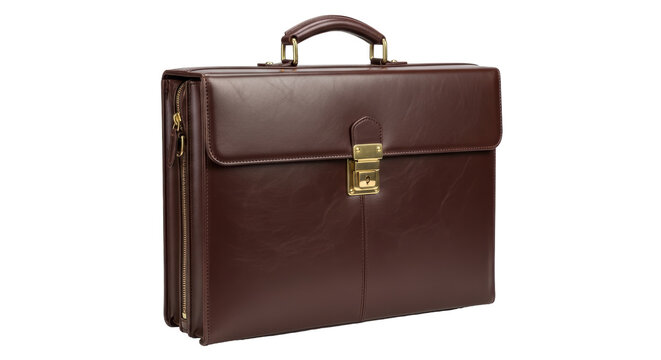 Isolated brown leather briefcase with golden closure, modern elegant accessory for business