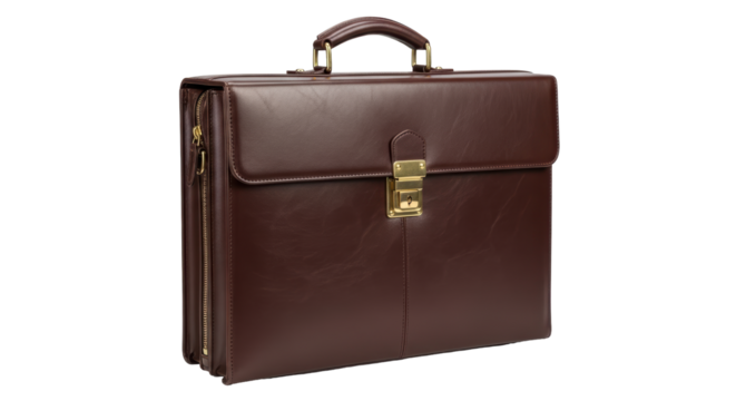 Isolated brown leather briefcase with golden closure, modern elegant accessory for business