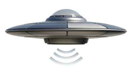 Isolated metallic flying saucer, mysterious UFO with sleek design and sci-fi technology